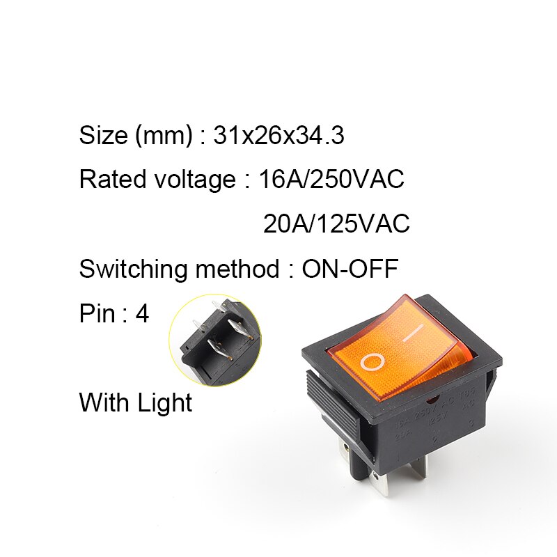 1PCS 4 Pin Rocker Switch ON-OFF Electrical equipment With Light Power Switch 16A 250VAC/ 20A 125VAC KCD4: 4P With Yellow Light
