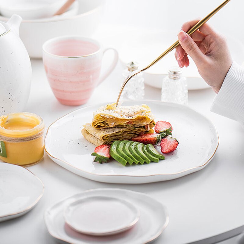 Marble Plates Ceramic Dinner Set Gold Inlay Porcelain Dessert Plate Steak Salad Snack Cake Plates Tableware Dinnerware Sets