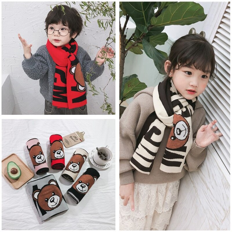 PPXX Cartoon Bear Winter Wool Girl Scarf Boy Soft Warm Thick Kids Boys Girls Shawls Wrap Children Scarves Accessories