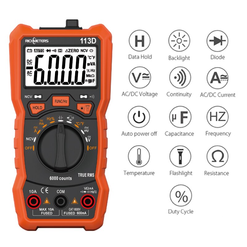 RICHMETERS RM113D NCV Digital Multimeter 6000 counts Auto Ranging AC/DC voltage meter Flash light Back light Large Screen 113A/D