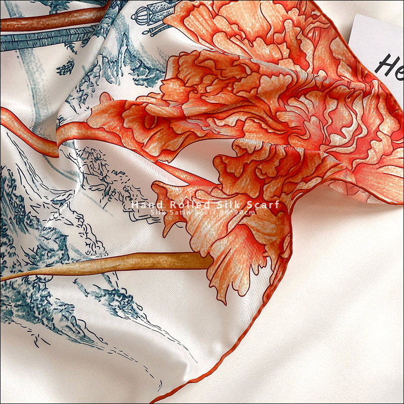 Blomstertryk manuel rullet tørklæde top satin tørklæde 90 x 90 satin firkantede tørklæder bandana 100%  silketørklæde sjaler og wraps