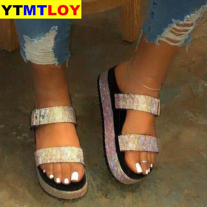 Zomer Strand Bling Bling Crystal Rome Dames Sandalen Strass Platform Gemengde Kleur Uitsparingen Wiggen Vrouwen Sandalen Schoenen Vrouw