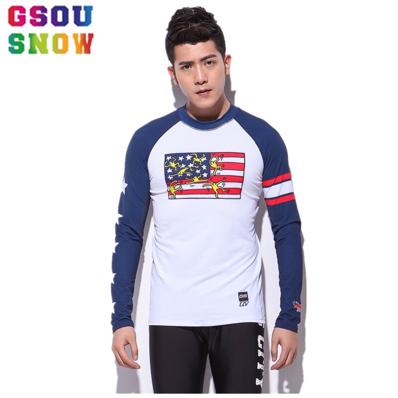 Gsou Snow Brand Men Long Sleeve Surf Tops Diving Rash Guards Swimsuit T-shirts Sunscreen Quick Dry Wetsuit Tops Beach Sportswear