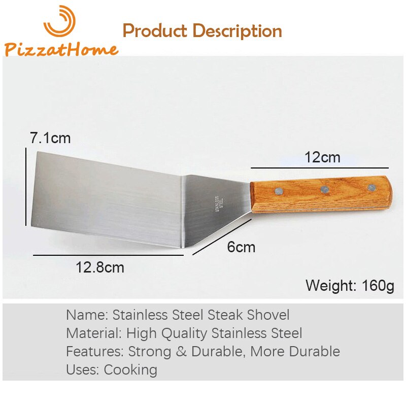 PizzAtHome-ESPÁTULA de acero inoxidable para parrilla, pala para carne con mango de madera, herramienta para barbacoa, girador de carne, pala redonda y cuadrada