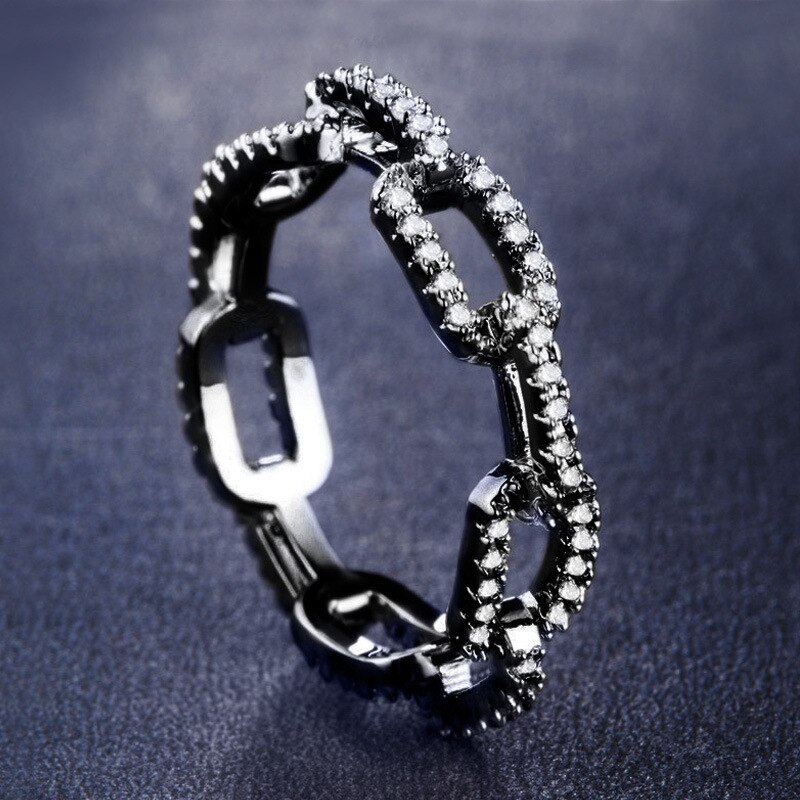 Creatieve Keten Dames Ring Zirkoon Ring Voor Vrouwen Verzilverde Rose Goud Koper Strass Ring Populaire Trouwring Sieraden: 10 / Black