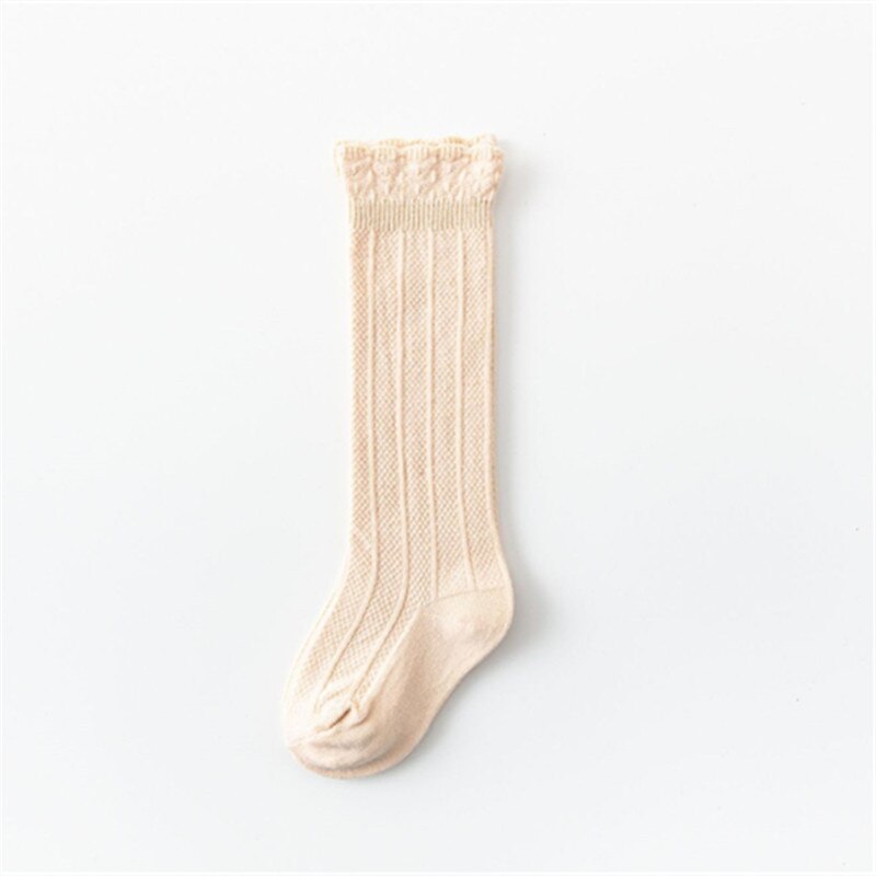 Chaussettes d'été en coton, tricotées, longues, chaussettes hautes, en dentelle, pour enfants et filles,: Beige