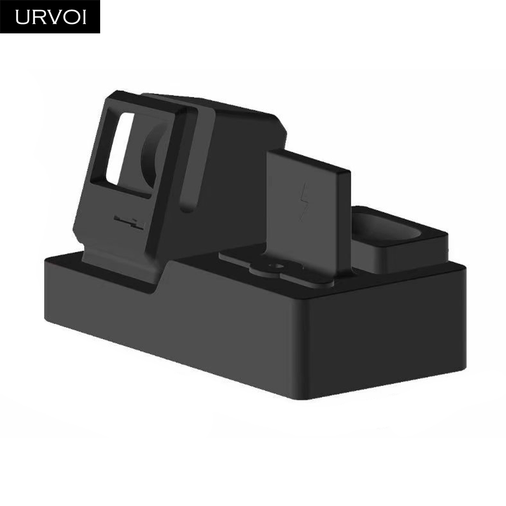 URVOI 3 in 1 Holder for Apple Watch series 5 4 3 2 1 iPhone stand watchOS keeper Airpods PC home charging dock silicone holder: Black
