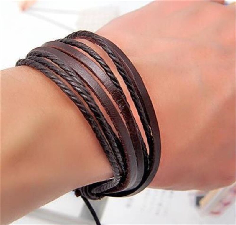 Männer Geflochtenen Seil Leder Armbänder Surfer Stamm wickeln mehrschichtig Manschette Armbinde Elastizität Armbinde Schwarz/Braun