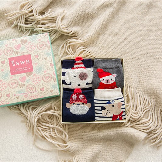 Caramella 4 par / kasse bomuld meias jul varm sød 3d dyremønstre tegneserie sokker kvinder stretch