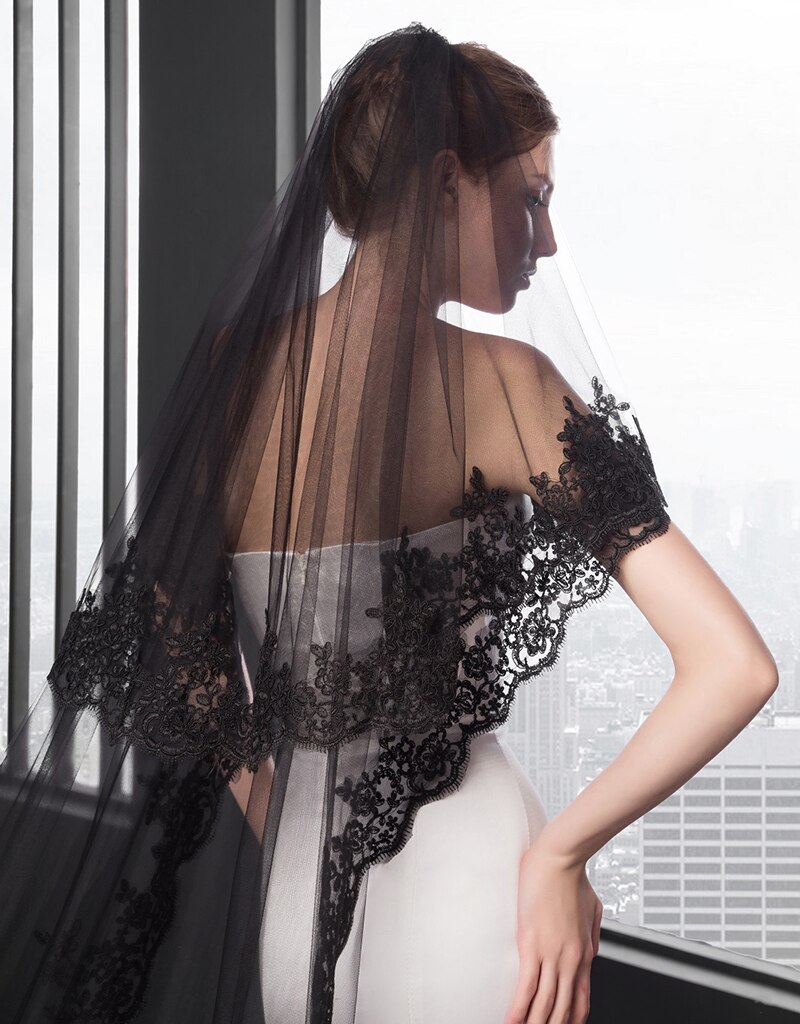 Voile de mariée en dentelle noire à deux couches, 2020x300 CM, Long voile de mariée avec peigne, à la , 150