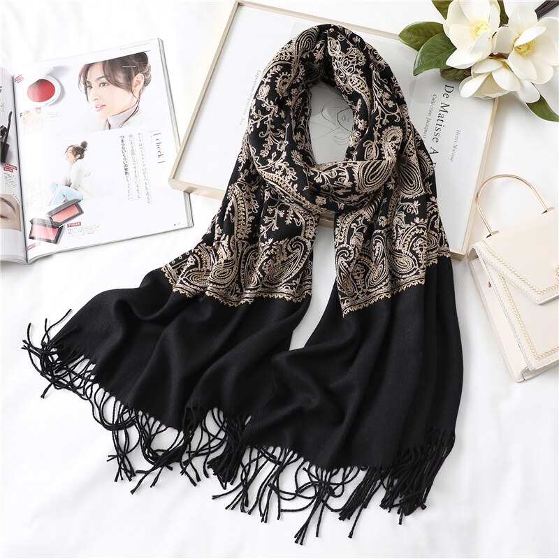 Luksusowy rękojeść kobiety zimowy szalik paszmina z kaszmiru damskie szale okłady Foulard solidny frędzel czeski ciepły Echarpe szaliki: WJ147-czarny