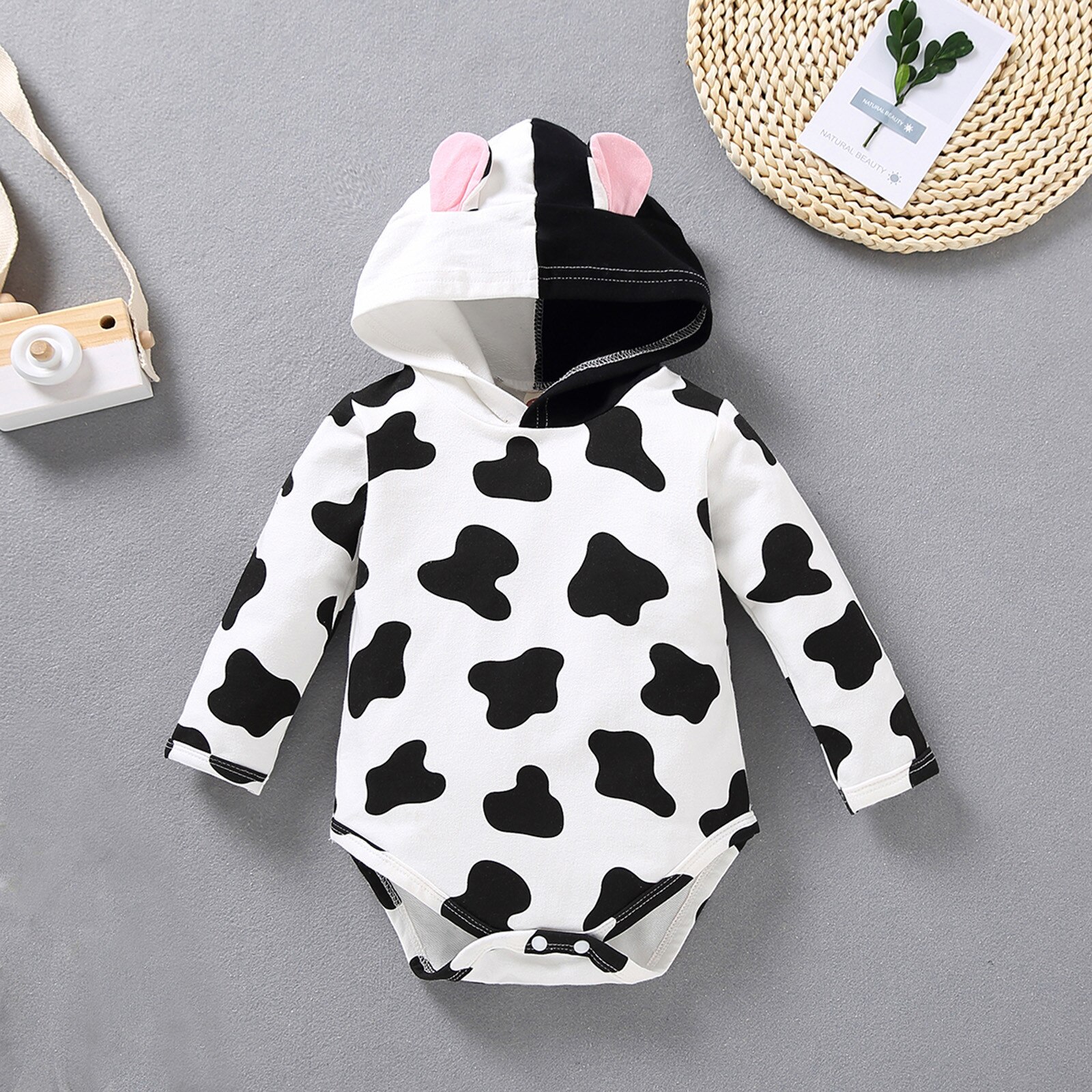 recién nacido ropa de bebé niño para niña mameluco de manga larga leche estampado de vaca Pelele con capucha ropa de bebé Bodi para recién nacidos
