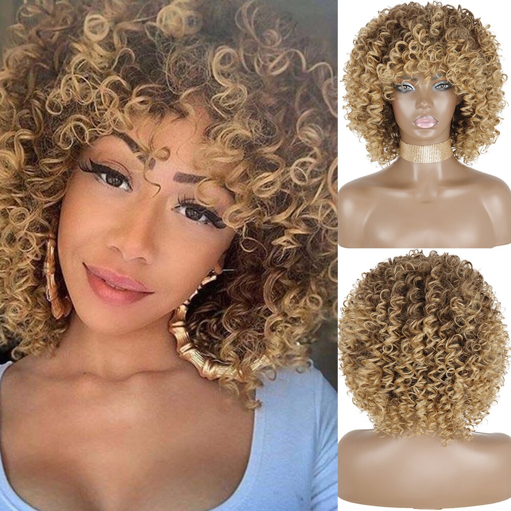 AZQUEEN Synthetic Afro Kinky Curly Wigs Short Curly Wig For Women With Bangs Mixed Black and Gray Wig for Black Women: 642-T27-33