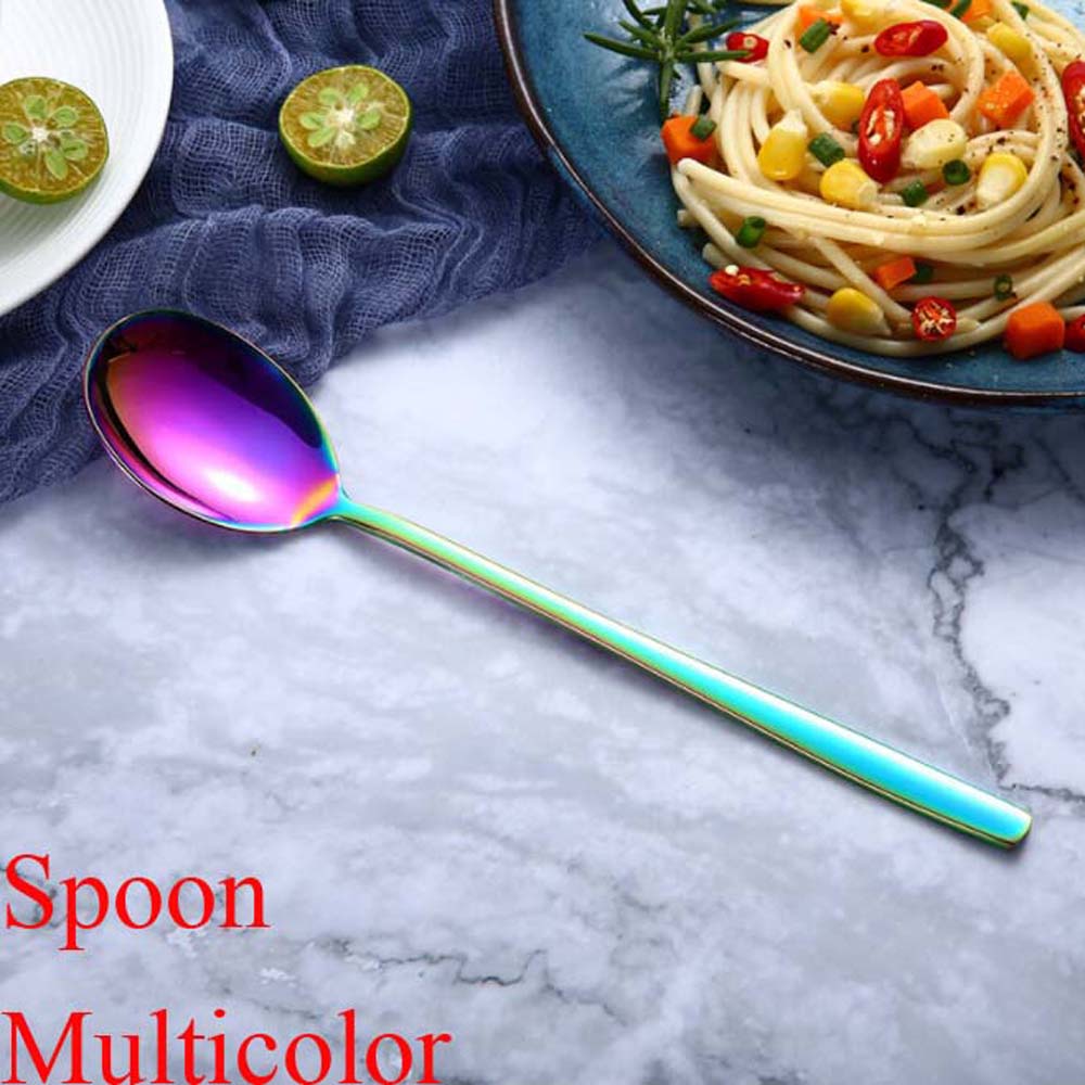 Cuillères et fourchettes à Long manche | Couleur arc-en-ciel en acier inoxydable, cuillère à soupe cuillère glaces thé cuillère à café vaisselle de table, couverts de maison: Spoon multicolor