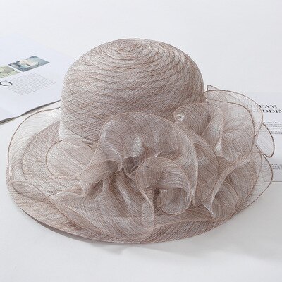 Ploermin Organza Zon Hoeden Vrouwen Bloem Zomer Bruiloft Caps Vrouwelijke Elegante Bloemen Uv Kerk Hoeden Mode: Coffee color