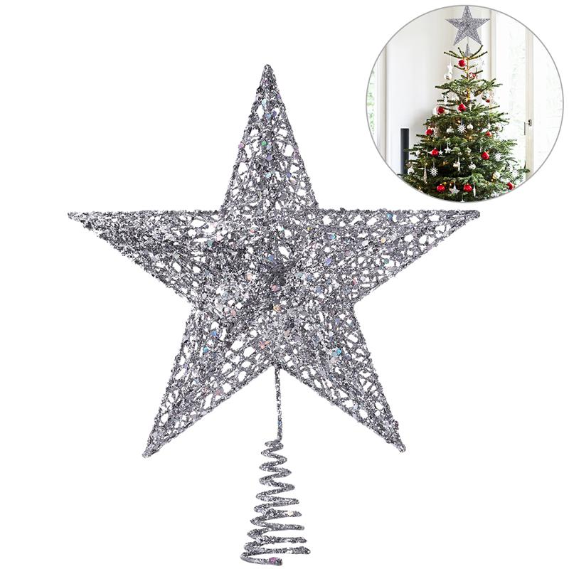 Nicexmas 20Cm Zilveren Ster Boom Topper Prachtige Shimmery Ster Kerstboom Topper Kerstboom Decoratie 5 Point Star