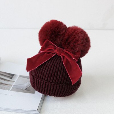 Chapeau à Double pompon tricoté | Bonnet d'hiver, chapeau plus épais, Bonnet pour enfants bébés: Bourgogne