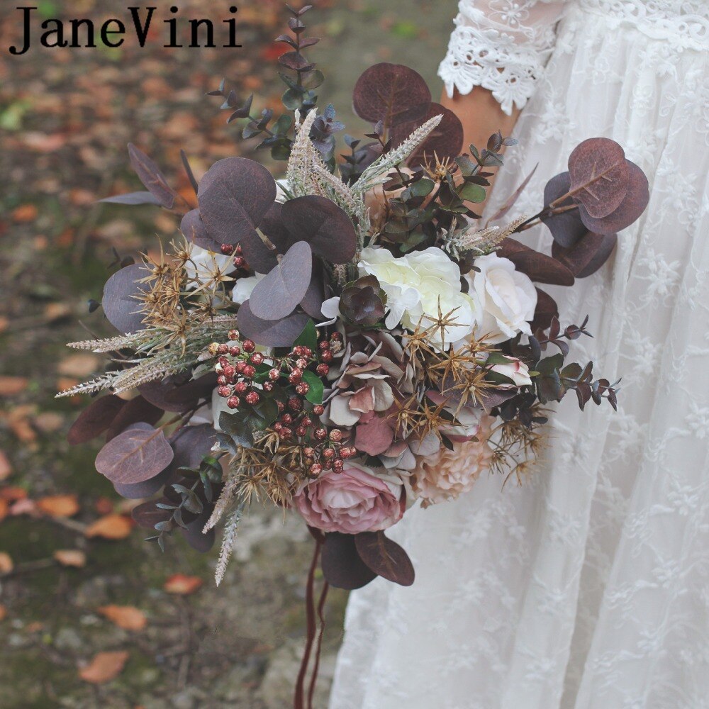 Janevini tappning höst bröllop bukett ramo konstgjord brud choklad silke pion europeiska hålla blommor bröllop tillbehör