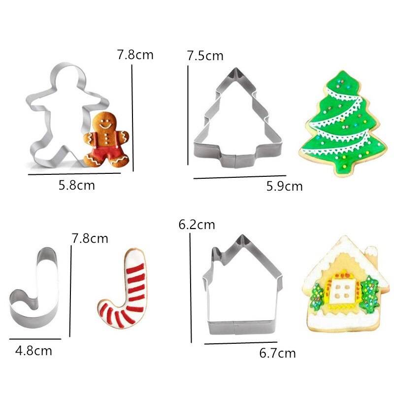 4 Stuks Kerst Cookie Cutter Rvs Cut Snoep Biscuit Mold Koken Gereedschap Kerstboom Peperkoek Metalen Cutters Mould