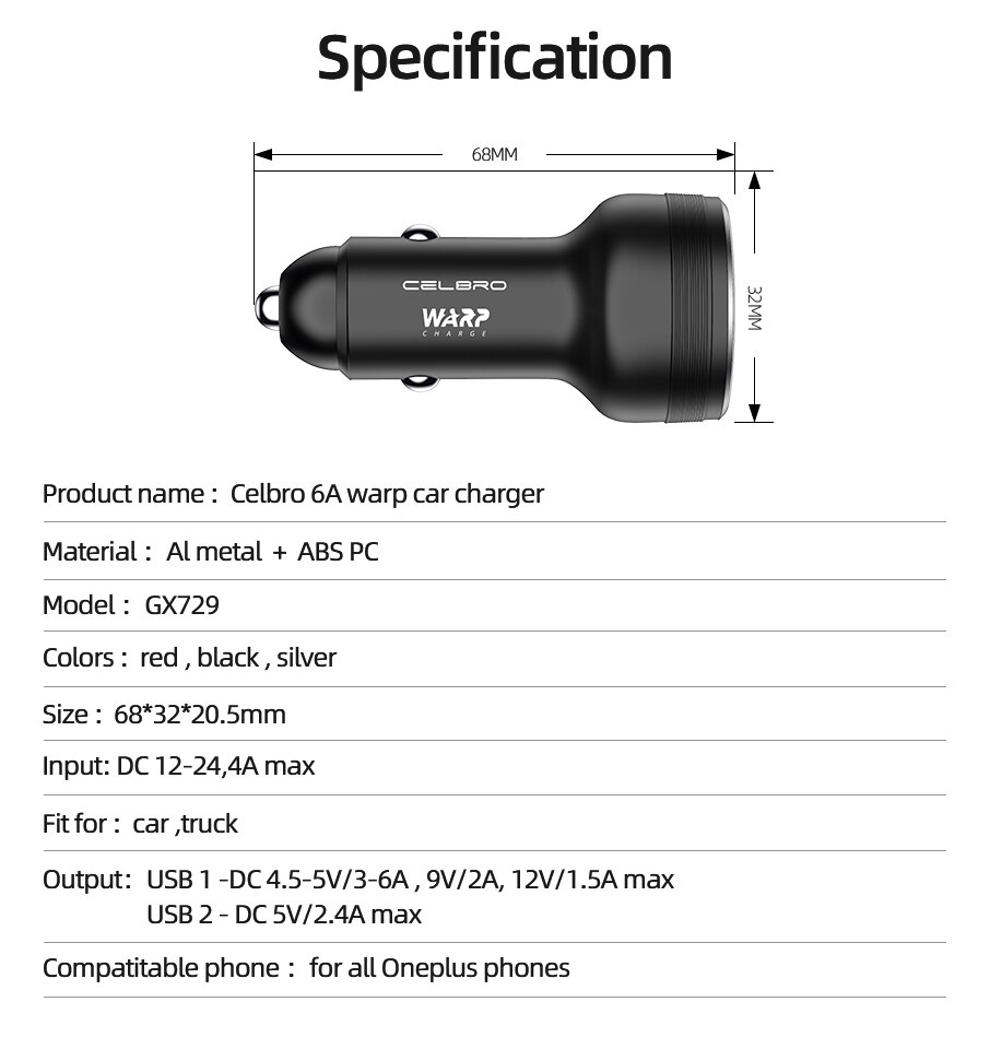 For Oneplus Dash Warp Charge 30 Car Charger Quick Charge 30W Carcharger Usb Phone Chargers for Oneplus Nord 8T 8 Pro 7 7T Pro 6