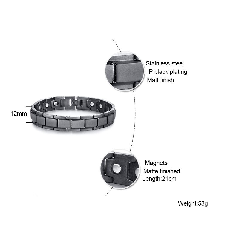 12mm schwarze magnetarmbänder und fußkettchen für herren aus edelstahl, energie-therapie-schmuck, lässiges herrenarmband, pulseira