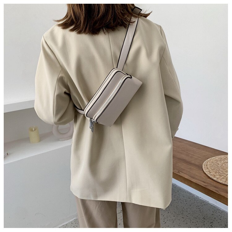 Double Pocket Women PU Waist Bag Female Crossbody Chest Bag Small PU Leather Lady Fanny Pack