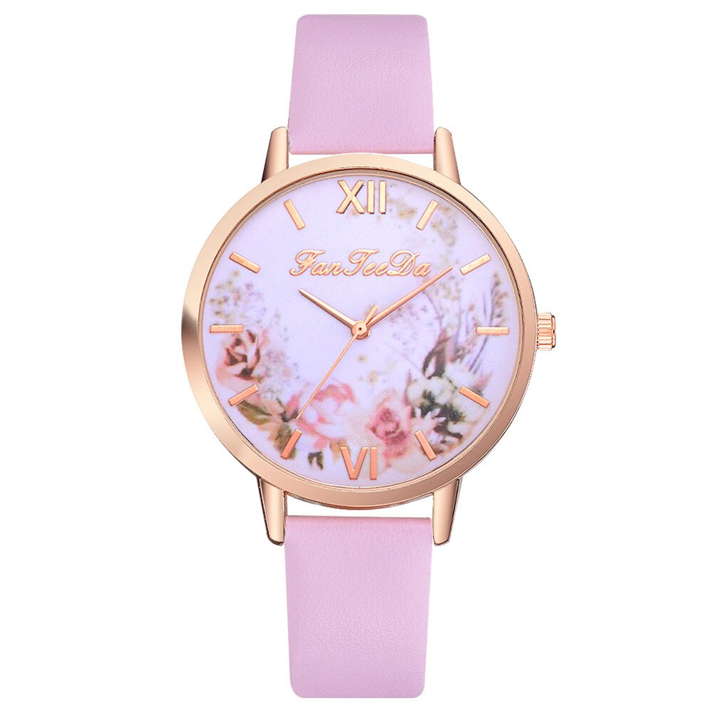 Simple femmes fleur montres Femme dames décontracté en cuir Montre à Quartz Femme horloge Relogio Feminino Montre Femme: Rose