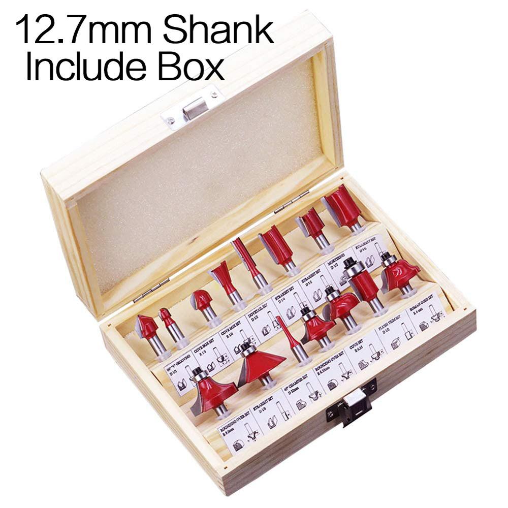 15pcs 6.35mm Shank Milling Cutter Machine Set Router Bits for Wood Carbide Mill Woodworking Engraving Milling Cuttings Tools: 12.7mm (Include Box)
