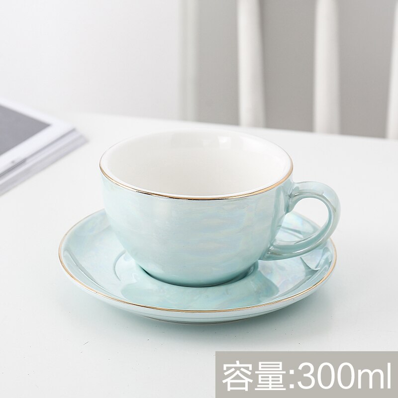 Europese Keramische Kopje Koffie Gold Lijn Parel Glazuur Koffiekopje Schotel Set Thuis Cafe Plezier: Sky blue-300ml