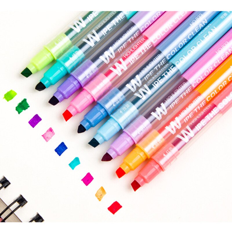 Rotuladores borrables de doble punta, marcadores fluorescentes con dos cabezales que se pueden borrar, subrayadores escolares, set/10 unidades, bonitos colores