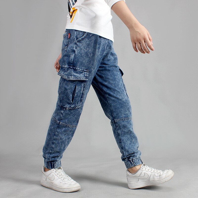 Mode Jongens Jeans Sport Broek Multi-Pocket Jeans Effen Kleur Jongen Kleding Elastische Jeans Voor Jongens Kinderen Kleding 5-12 Leeftijd