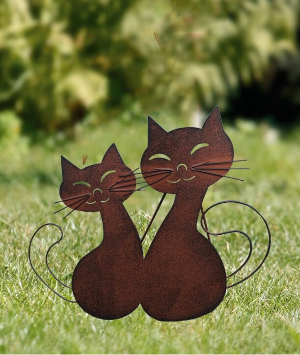 Ornements de jardin Vintage en fer forgé de Style européen, Villa rouillée rétro deux chats, décoration d&#39;animaux d&#39;extérieur debout