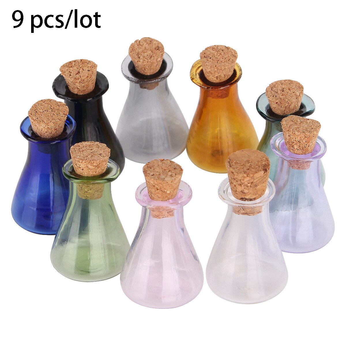 9 Stuks/partij Mini Gekleurde Glazen Flessen Met Kurk Miniatuur Flesjes Tiny Kolf Kleine Containers Voor Bruiloft Gunsten