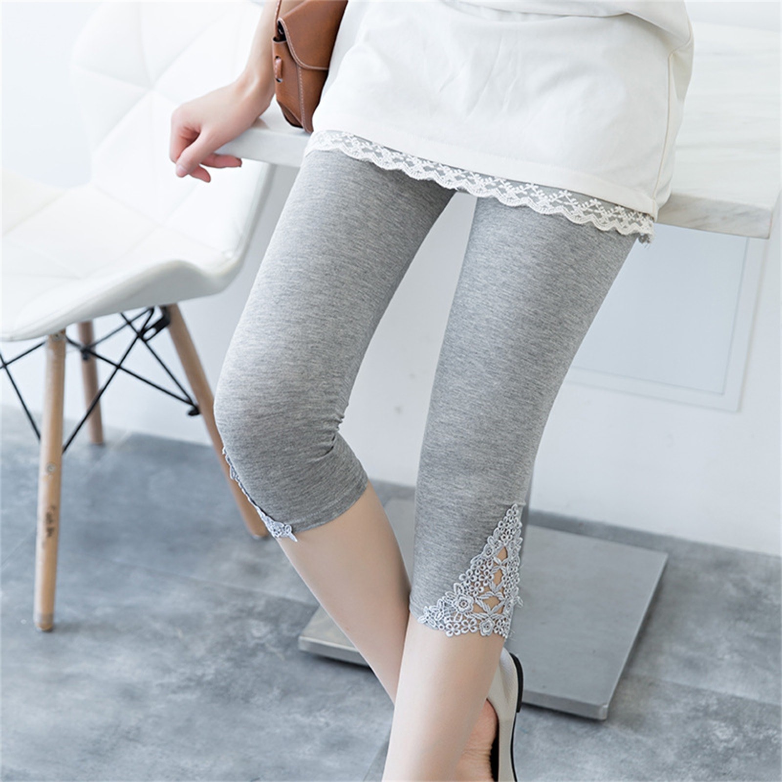 Damen Sommer Spitze Leggings - 3/4 Länge Crop Caprihosen - Hoher Spandex Fitness Hosen: Xl / Grau
