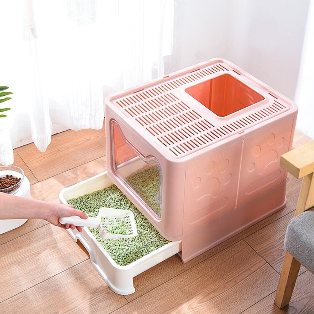 Caja de arena plegable con tapa para gato, inodoro para mascotas, orinal de entrada superior con cuchara, con habitación interior grande