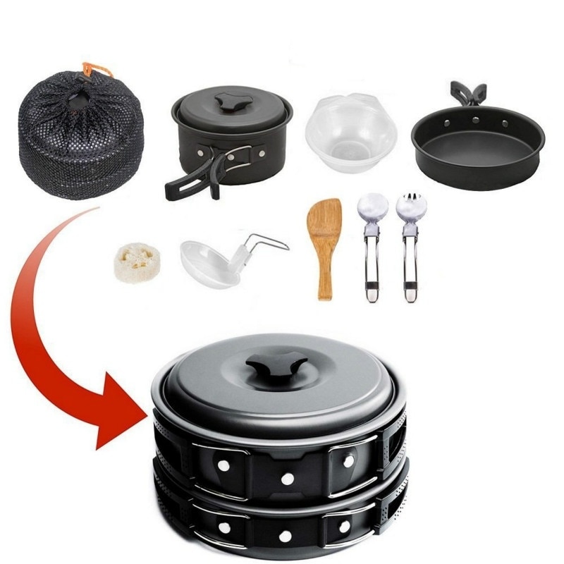 Batterie de cuisine de camping, gamelle, réchaud de camping, équipement de randonnée, sac de randonnée en plein air, équipement de cuisine, casserole durable, poêle, bols