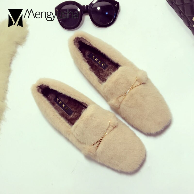 hairy mules square toe metal decoration slip on loafers women falling winter plush flats fur creepes moccasins schoenen vrouwC77: Khaki / 9.5