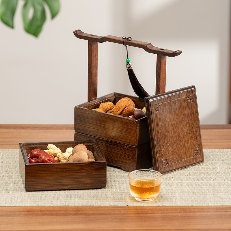 Chinese Style Walnut Color Tea Snack Storage Box Multi-layer Bamboo Made Four-sided Retro Home Use Dry Fruit Snack Box