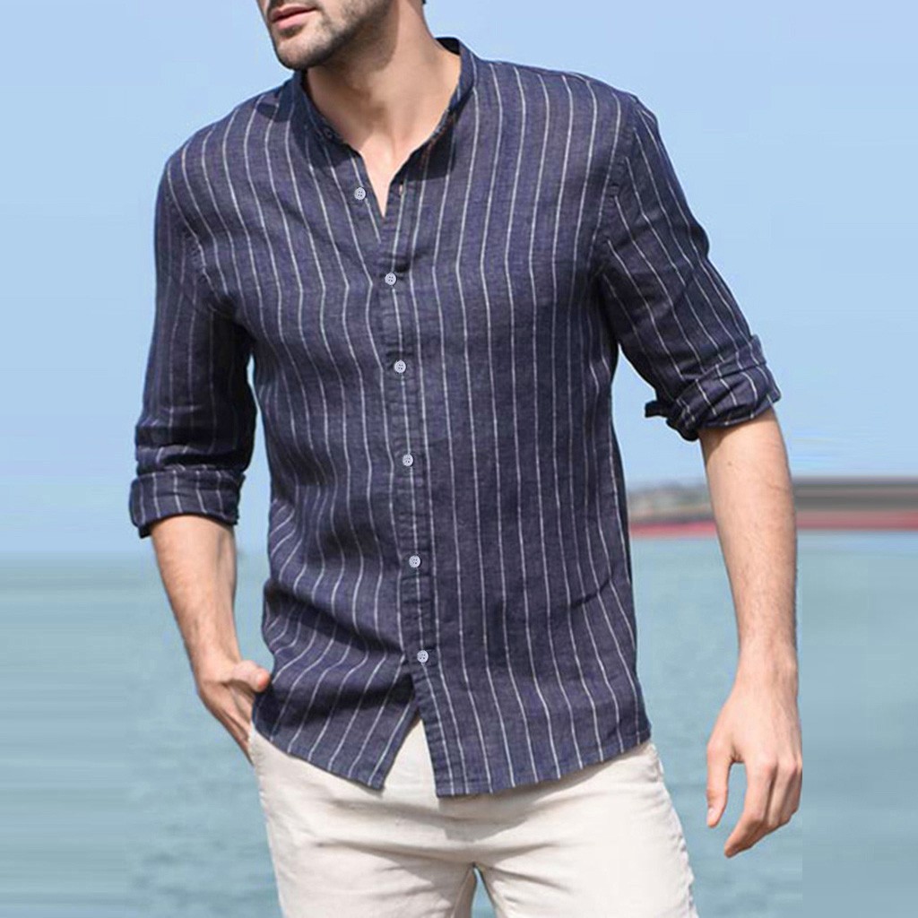 Men's Baggy Cotton Linen Striped Long Sleeve Button Retro Chemise Homme Manche Court Tops Blouse