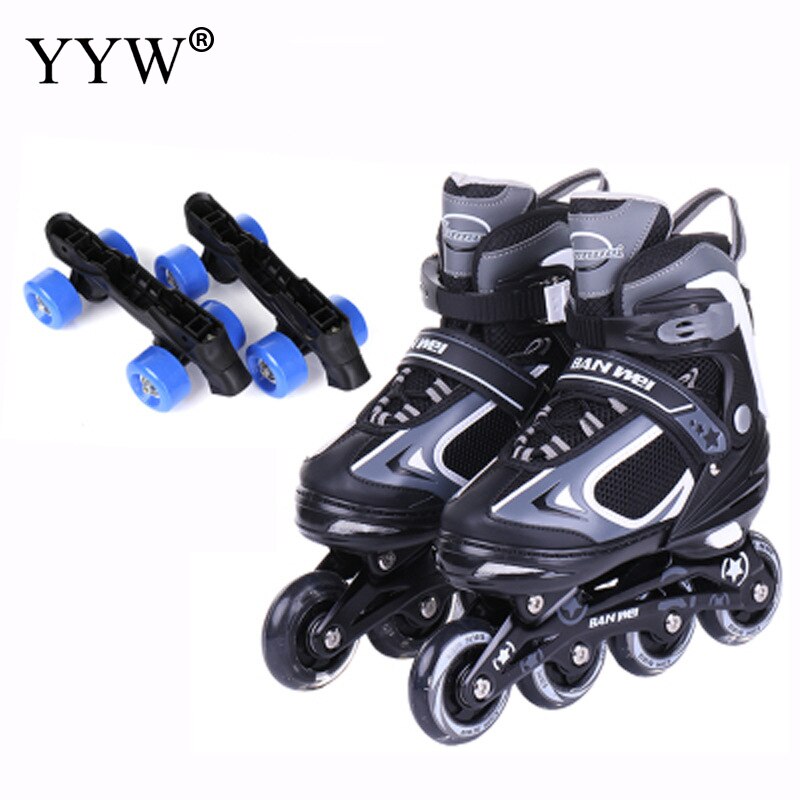 Roller Skate 2 In 1 Inline Double Row Skates Adjustable Pu Rubber Wheels Shoes Sneaker Skating Children Black Boys Girls Shoes