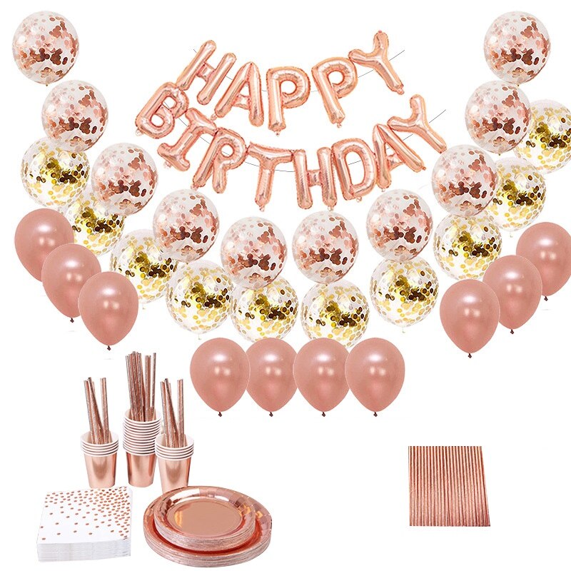 96 stk rose guldfolieballoner sæt med papirplader kopper drikke sugerør fødselsdagsfest dekoration baby shower forsyninger: Default Title