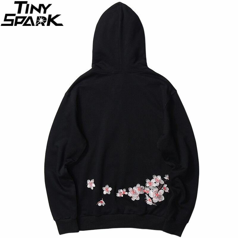 Hip Hop Men Streetwear Hoodie Chinese Kanji Peach Blossom Embroidery Sweatshirt Autumn Casual Floral Hooded Pullover Black