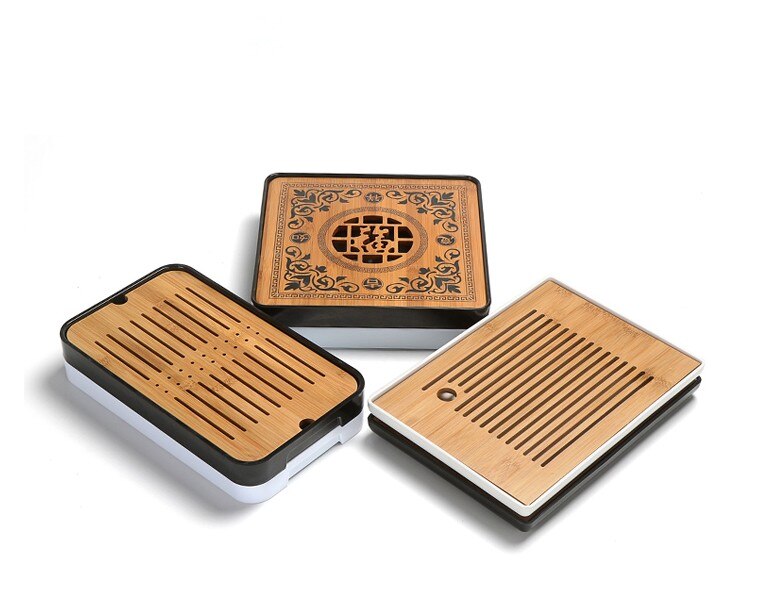 Bamboo Tea Trays-Chinese Tea Serving Kung-Fu Tea Tray Set-Melamine+Bamboo Tea tabl Tray- Drainage Water Storage Tea Set Tools