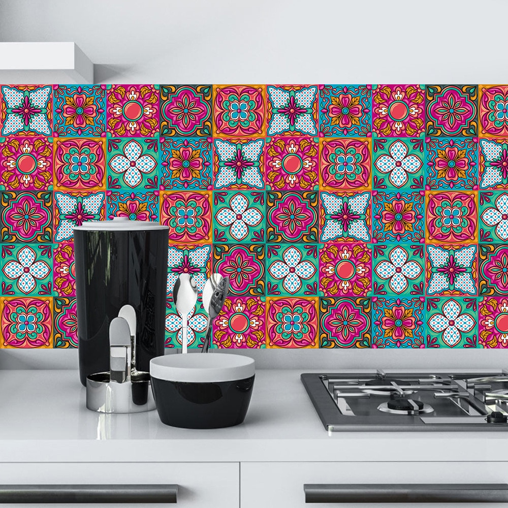 Colorful Strip Tiles Wall Stickers Bathroom Kitchen Stairs Tile Ceramics Decoration Wallpaper Peel &amp; Stick PVC Art Mural Poster