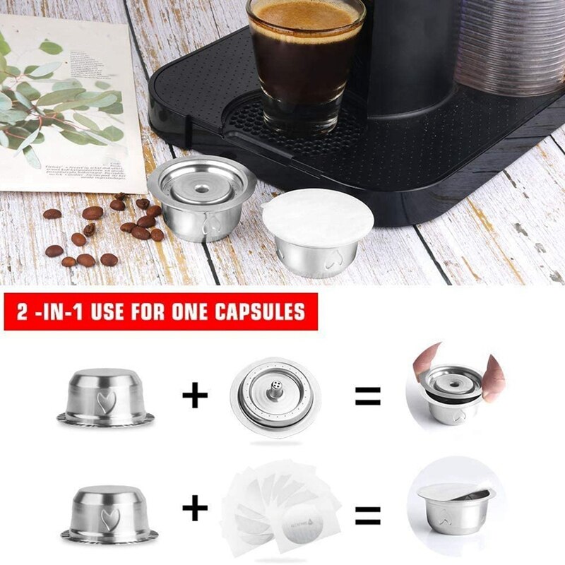 Upgraded Stainless Steel Coffee Capsule for Nespresso Vertuoline GCA1 & Delonghi ENV135 with Aluminum Lids