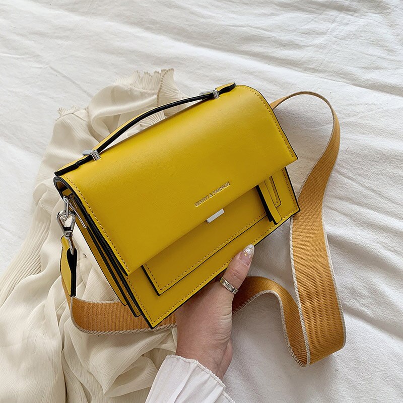 Women's Pu Leather Shoulder Bags With Wide Strap Casual Flap Handbag And Purse Cross Body: yellow