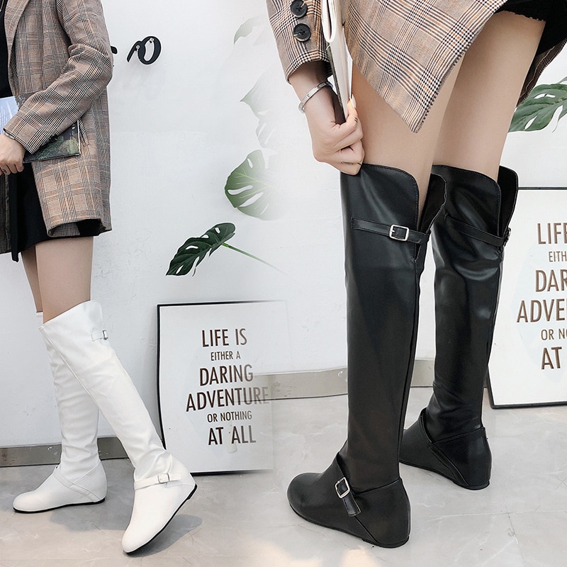 Botas por encima de la rodilla con hebilla de cinturón alto, talla grande, Blanco