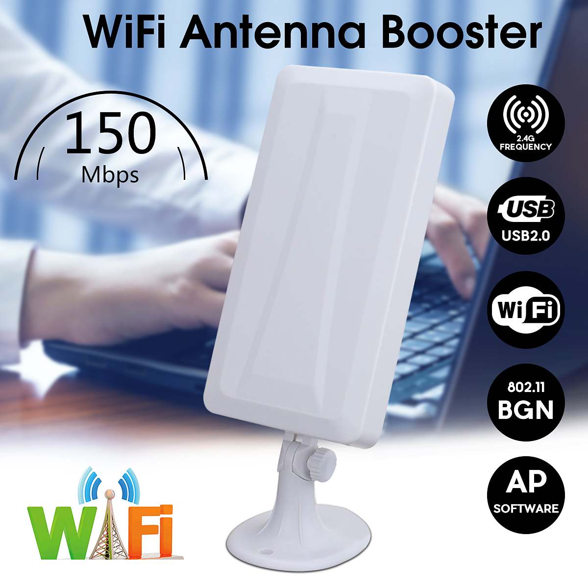 WiFi 150Mbps Wifi Receiver Soft AP High Gain Antenna 5m Cable USB Adapter High Power Outdoor Waterproof Long Range