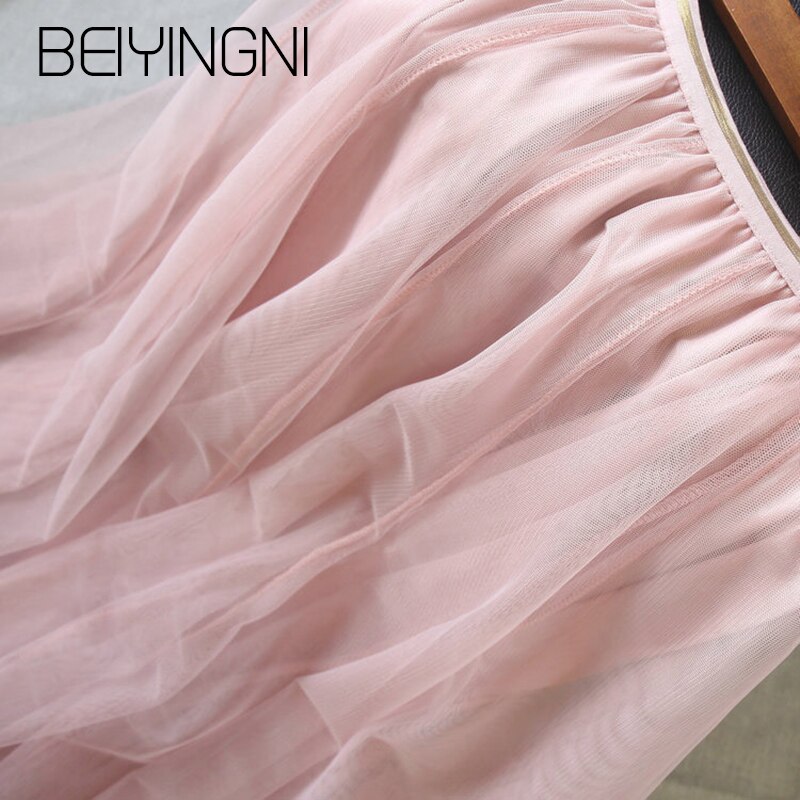 Beiyingni tyllkjolar dam mesh elastisk midja 4 färger tutu kjol söt kpop brudtärnor veckade kjolar falda saia midi