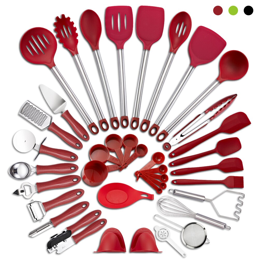 37Piece EU Kitchen Set Cooking Utensils Silicon And Stainless Steel Nylon Non-stick Spatula Set Baking Tool Set Cocina: 37Pcs-Red